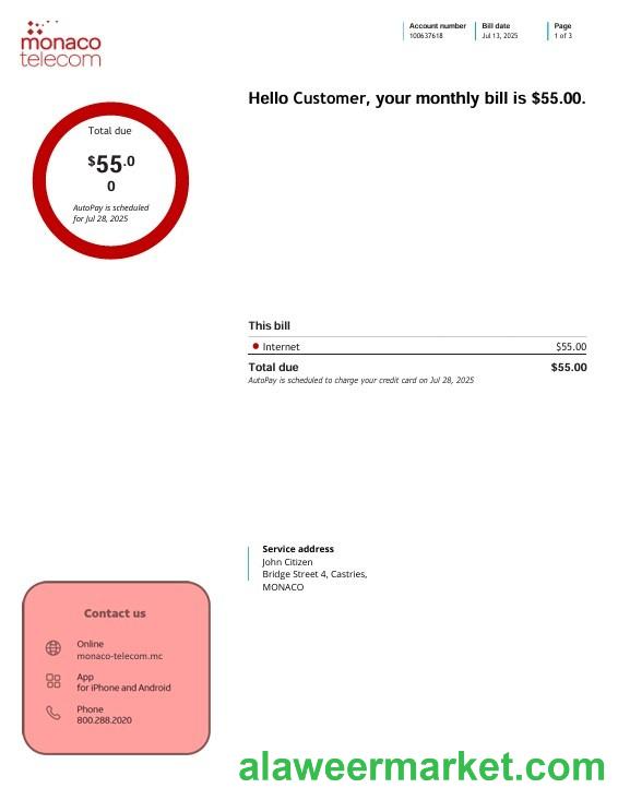 Monaco telecom internet utility bill, 3 pages